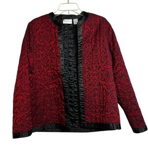 Alfred Dunner Red Black Damask Tapestry Quilted Open Front Jacket Womens 10